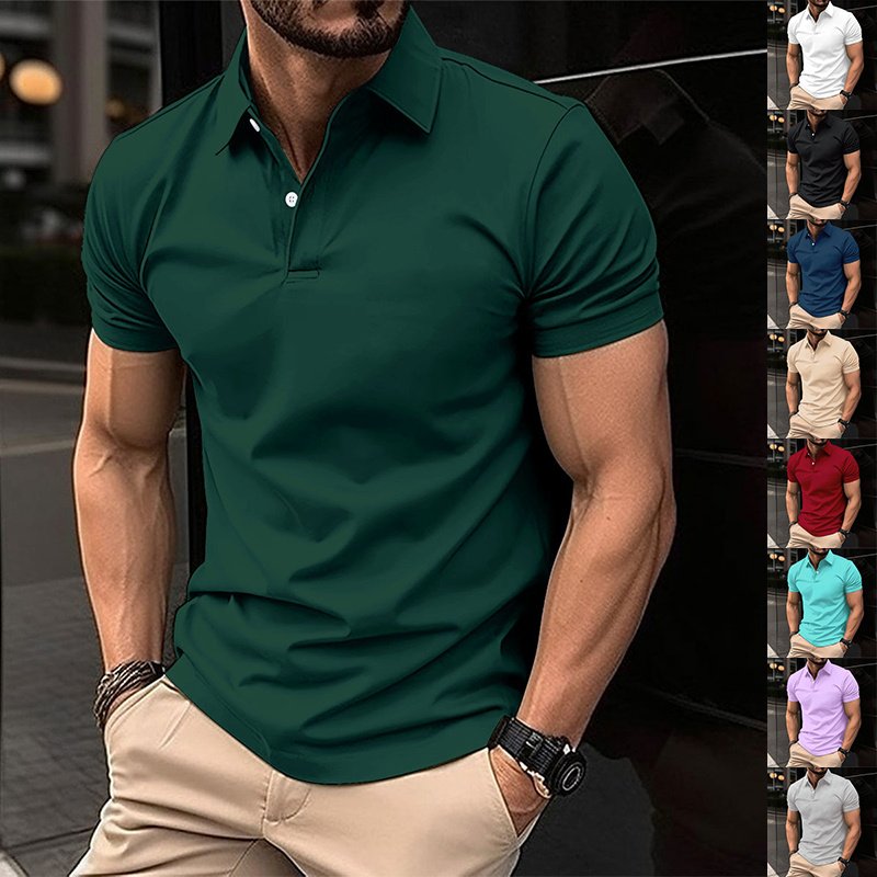 Summer Short Sleeve Polo Shirt Men Solid Color But...