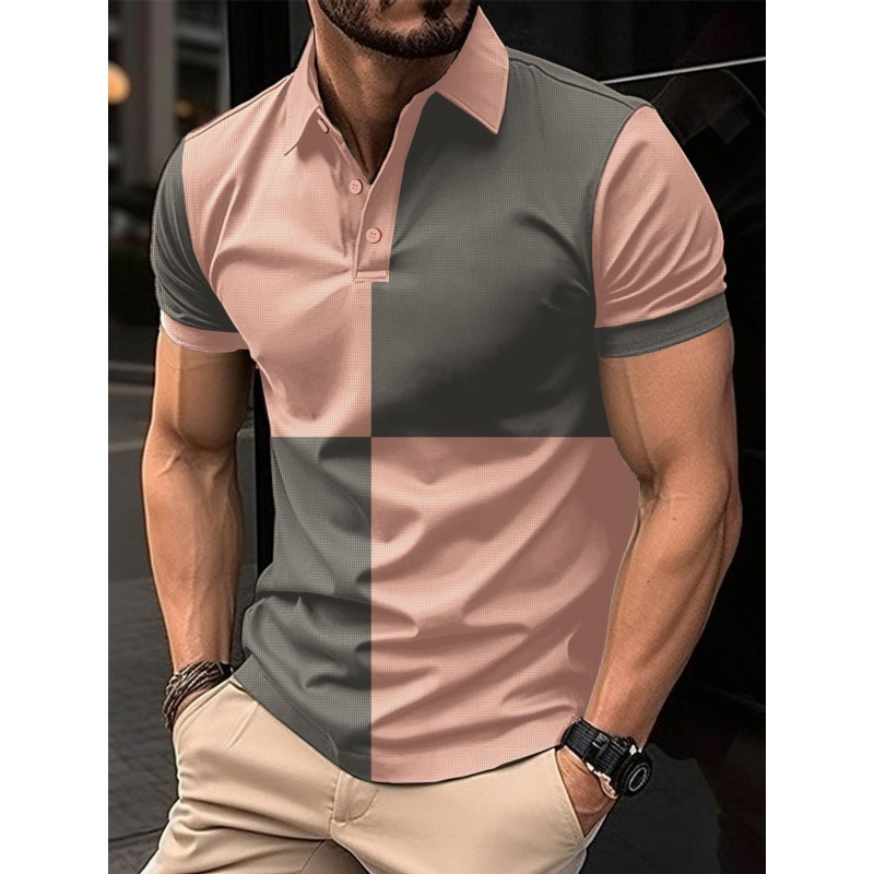 Casual Sports Short Sleeve Color Stitching Turnover Neck Polo Shirt Men Clothing
