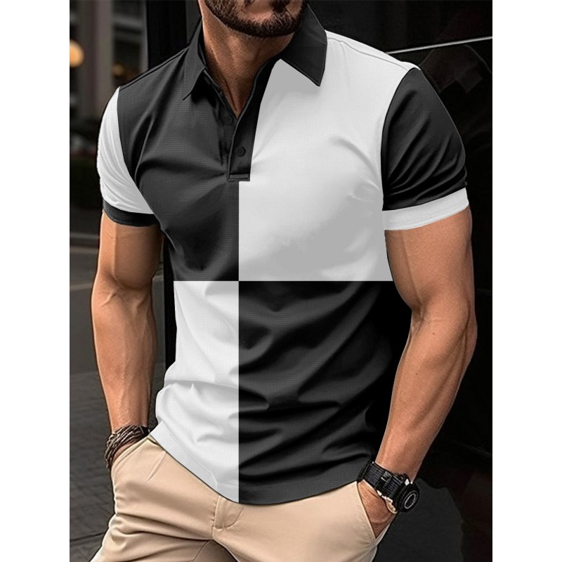 Casual Sports Short Sleeve Color Stitching Turnover Neck Polo Shirt Men Clothing