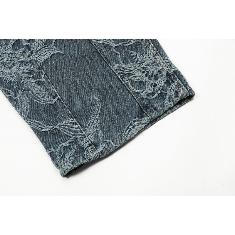 Flower Jacquard Denim Suspender Pants Men