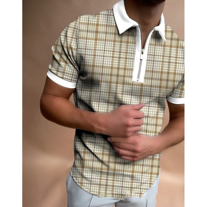 POLO Polo Shirt Zipper Check Men's T-shirt