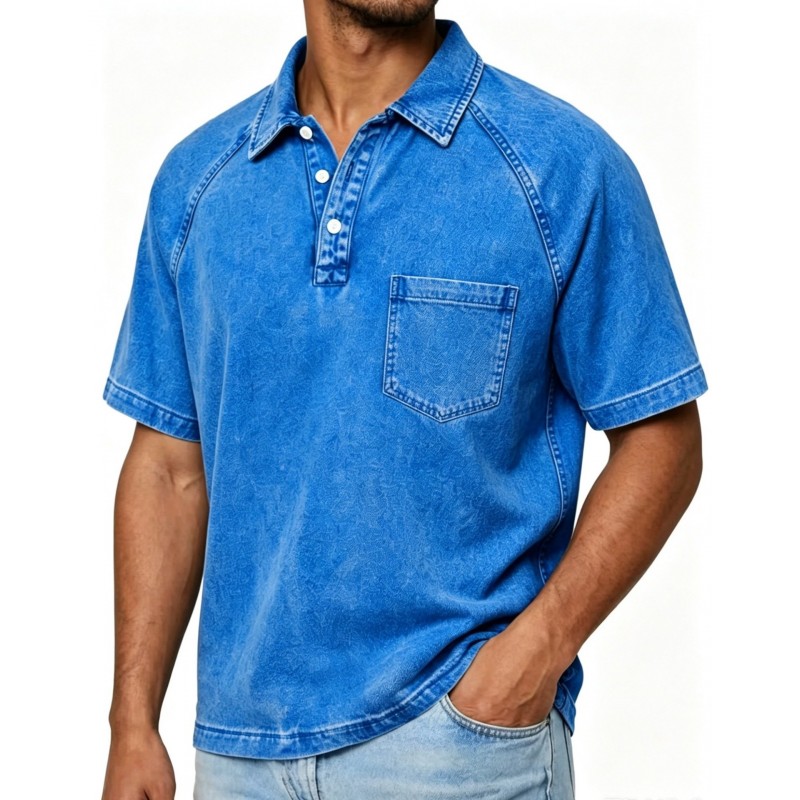 Mens Washed-and-Aged Cotton Denim Polo Shirt With Lapel, American-Style Blouse For Men