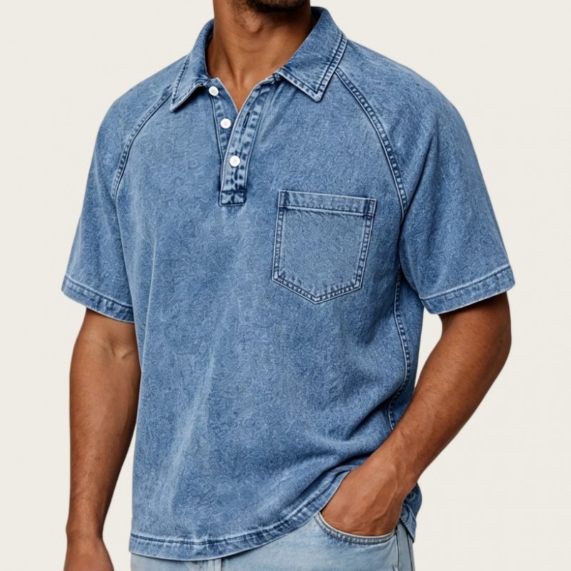Mens Washed-and-Aged Cotton Denim Polo Shirt With ...