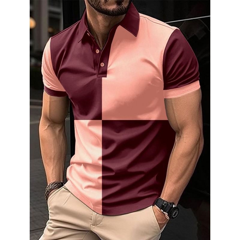 Casual Sports Short Sleeve Color Stitching Turnover Neck Polo Shirt Men Clothing