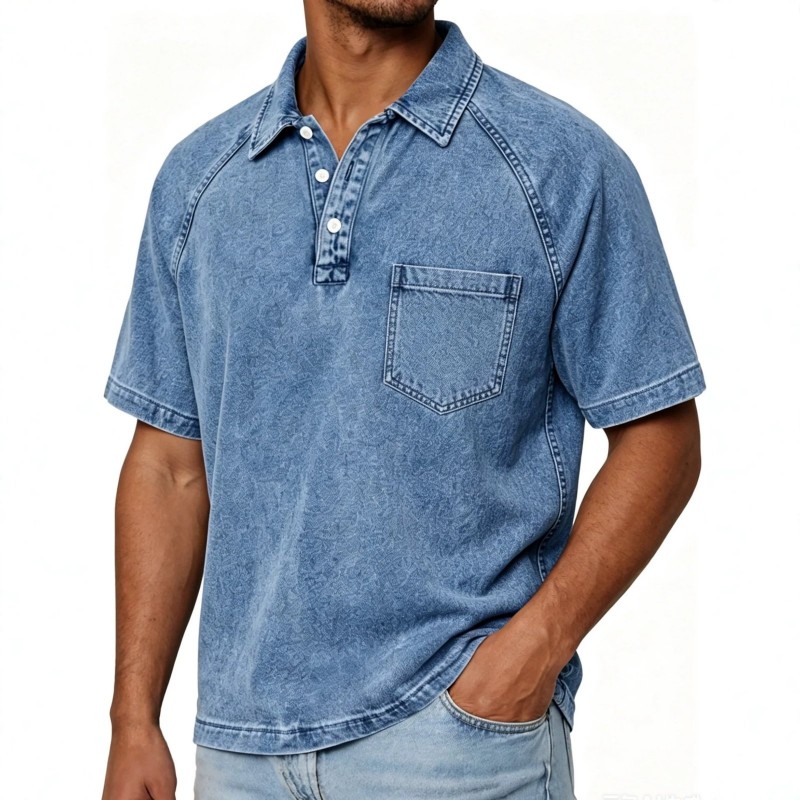 Mens Washed-and-Aged Cotton Denim Polo Shirt With Lapel, American-Style Blouse For Men