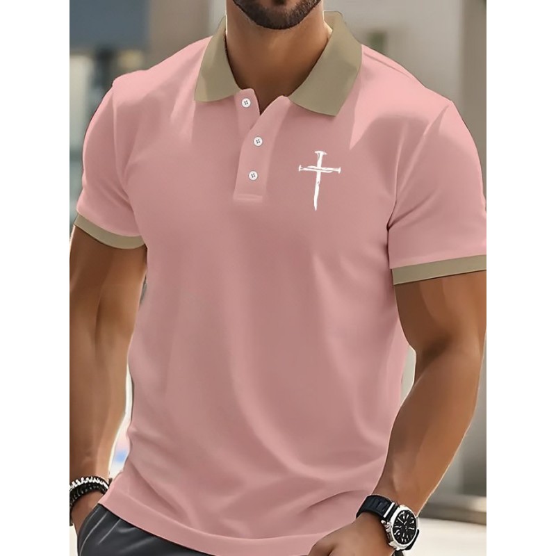 Polyester Printed Solid Color Polo Shirt Short Sleeve Men