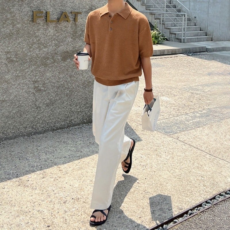 Simple Retro Knitted Polo Shirt Short Sleeve Men