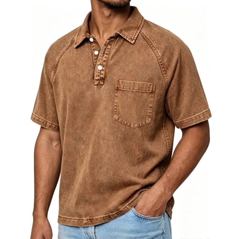 Mens Washed-and-Aged Cotton Denim Polo Shirt With Lapel, American-Style Blouse For Men