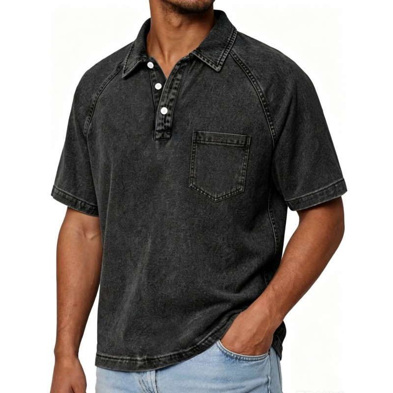 Mens Washed-and-Aged Cotton Denim Polo Shirt With Lapel, American-Style Blouse For Men