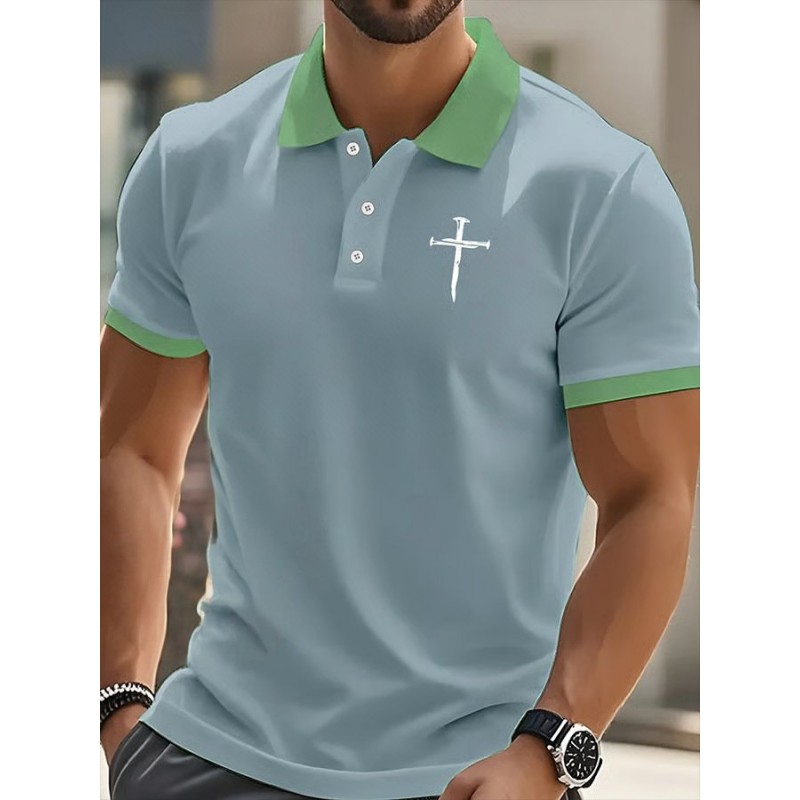 Polyester Printed Solid Color Polo Shirt Short Sleeve Men