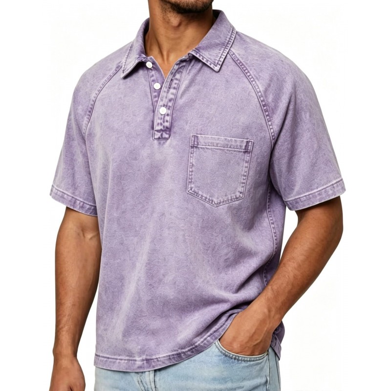 Mens Washed-and-Aged Cotton Denim Polo Shirt With Lapel, American-Style Blouse For Men