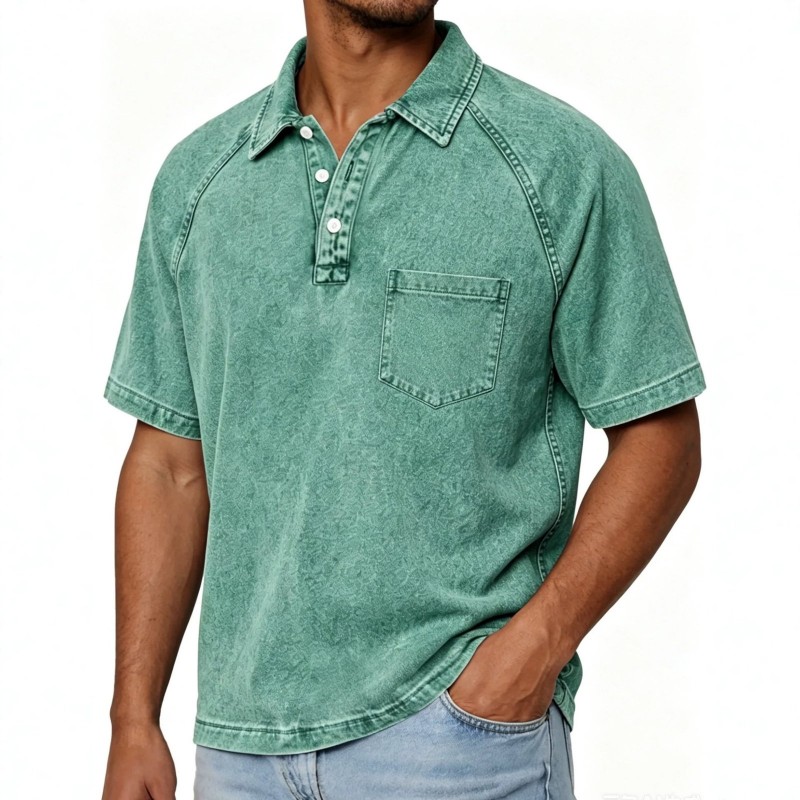 Mens Washed-and-Aged Cotton Denim Polo Shirt With Lapel, American-Style Blouse For Men