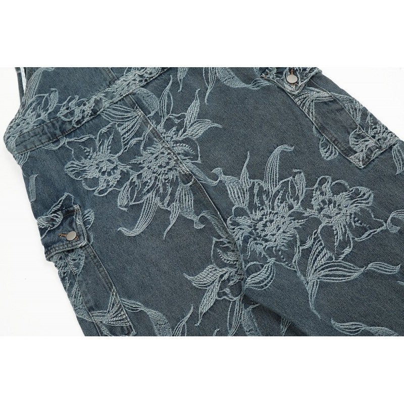 Flower Jacquard Denim Suspender Pants Men