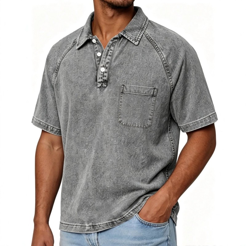 Mens Washed-and-Aged Cotton Denim Polo Shirt With Lapel, American-Style Blouse For Men