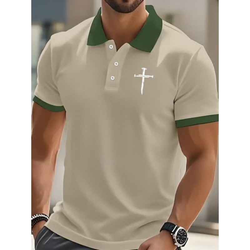 Polyester Printed Solid Color Polo Shirt Short Sleeve Men