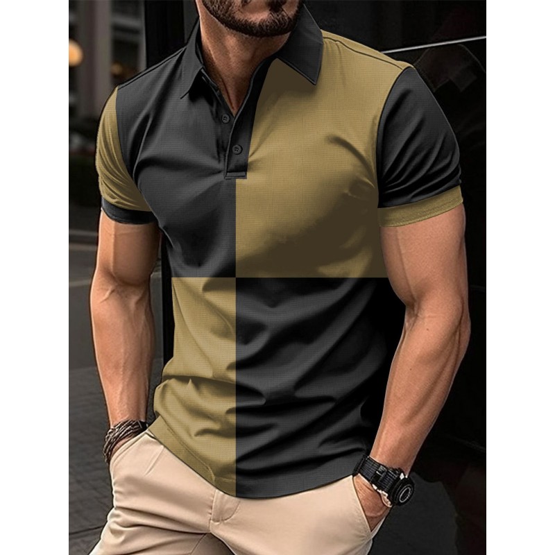 Casual Sports Short Sleeve Color Stitching Turnover Neck Polo Shirt Men Clothing