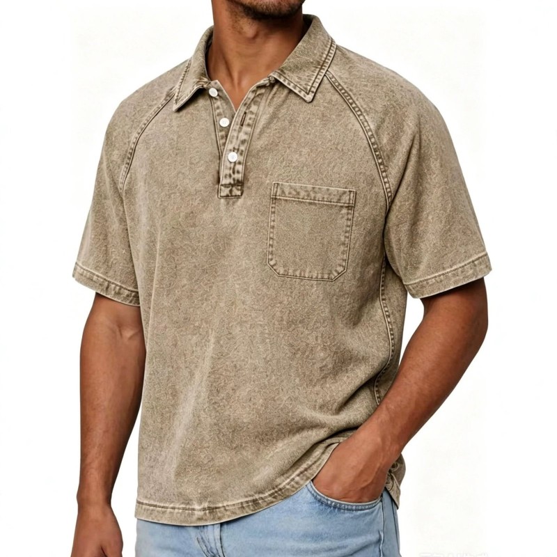 Mens Washed-and-Aged Cotton Denim Polo Shirt With Lapel, American-Style Blouse For Men